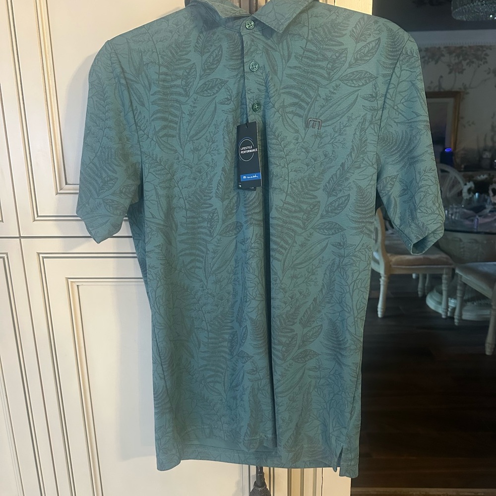 Travis Mathew Teal Leaf Pattern Polo Shirt